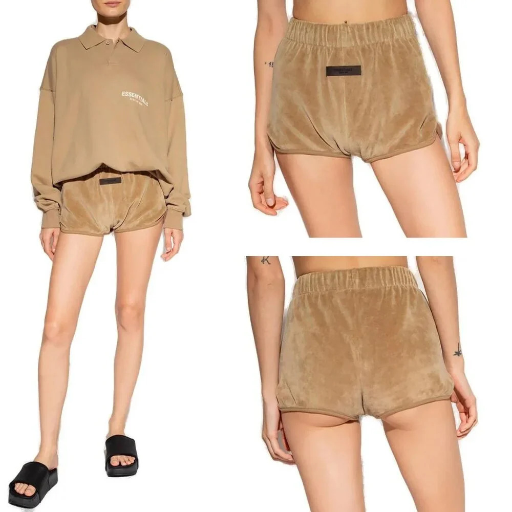 Essentials Fear Of God Logo Patch Velour Shorts/Tan - 27267
